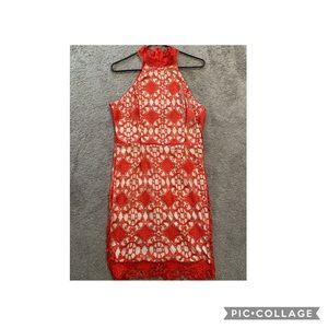 Red lace overlay cocktail dress